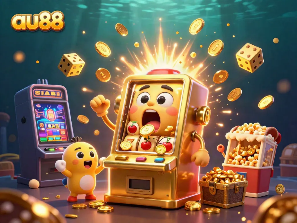 Experience thrills with au88 as cartoon slot machines celebrate jackpots in a vibrant casino scene.