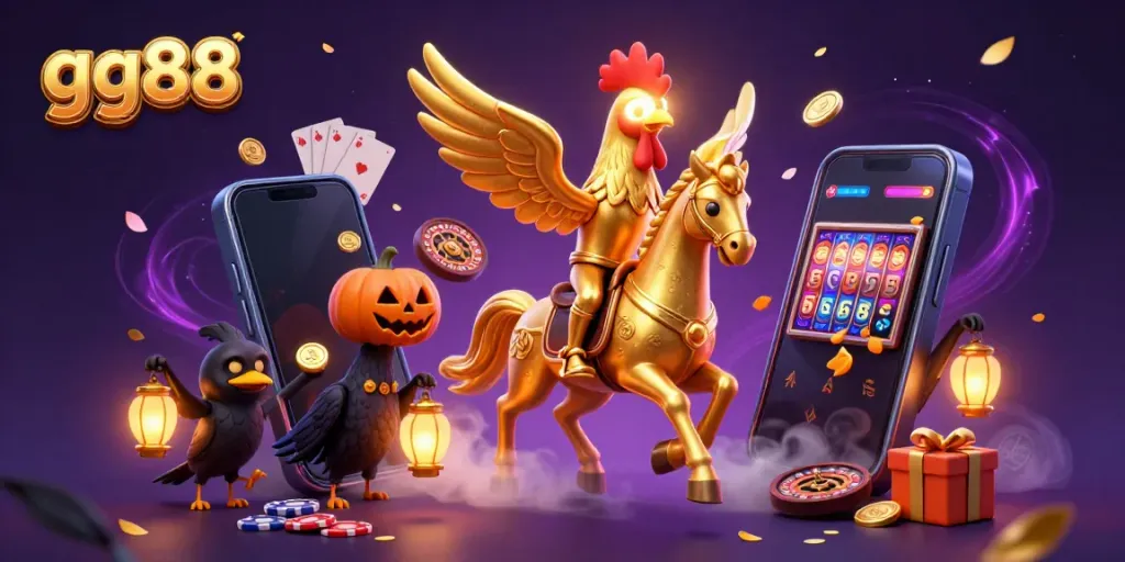 Experience the excitement of gg88 with a golden rooster in a vibrant casino, surrounded by gaming elements.