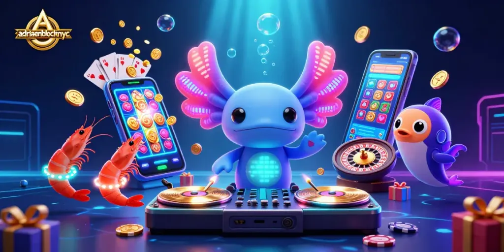 Adriaenblocknyc showcases an exciting casino scene with a vibrant axolotl DJ and energetic characters.