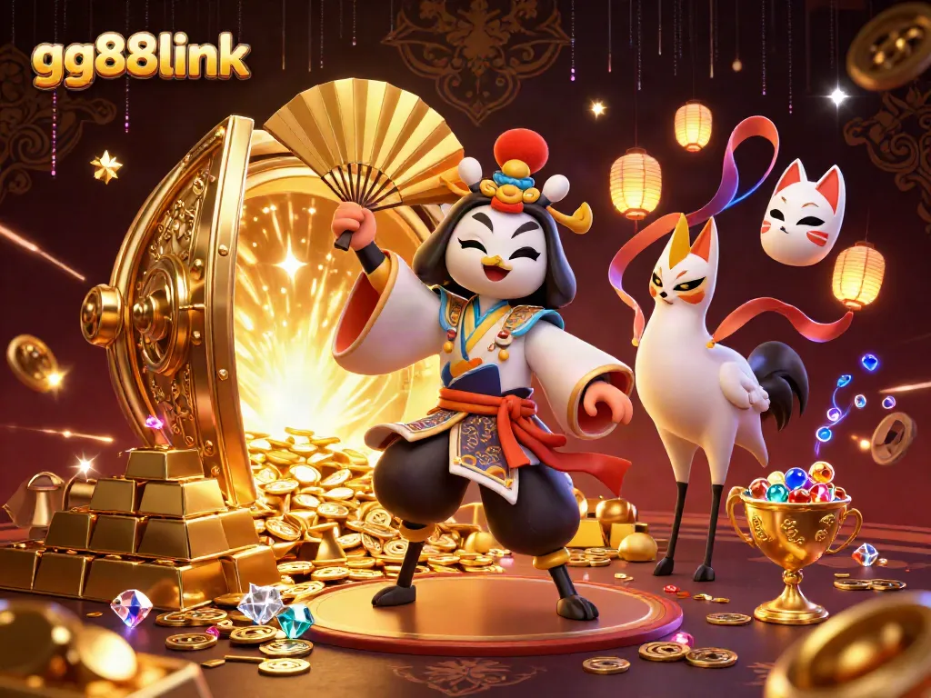 Engage with gg88link at a vibrant casino scene featuring kabuki warriors and treasure.
