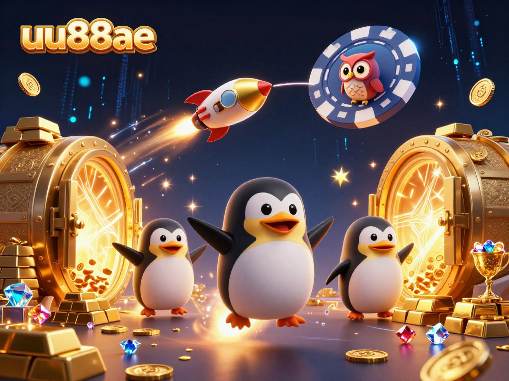 Experience thrilling adventures at uu88ae with a golden penguin launching into a casino galaxy!