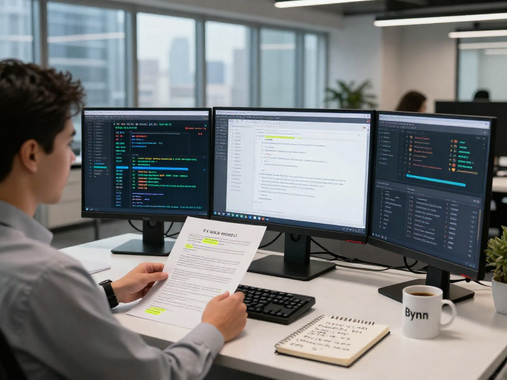 Document fraud detection analysis in a professional office setup with an analyst reviewing digital documents and highlighted discrepancies.