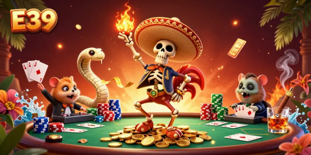Experience excitement with E39's dynamic casino scene featuring roulette, poker, and vibrant characters.