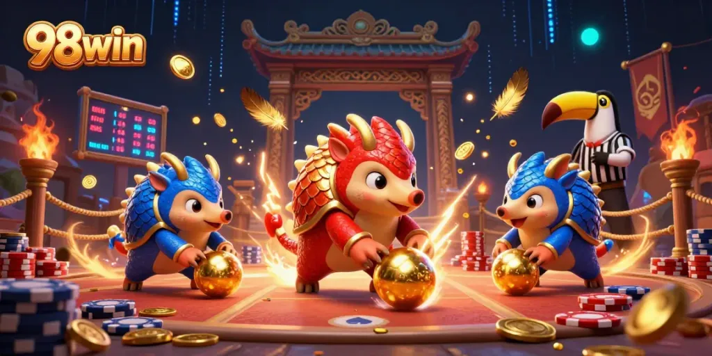 98win pangolins compete in jackpot with poker chips and golden scales, vibrant casino scene.