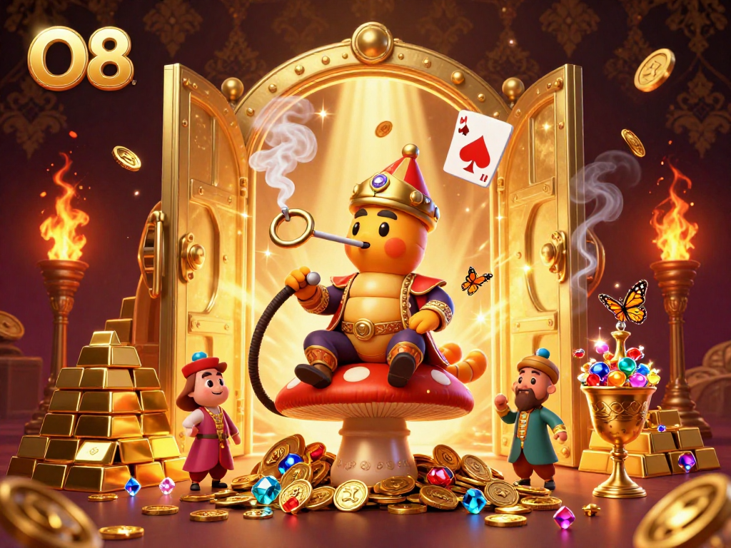 O8 captivates players with a vibrant 3D illustration showcasing a caterpillar hookah-master and treasure vault.