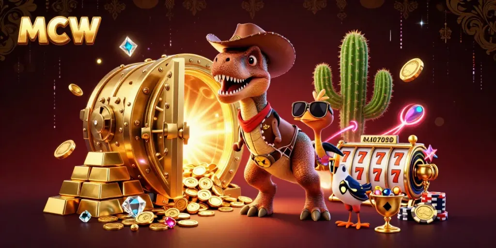Engage with the vibrant 3D adventure of MCW, featuring casino elements and a T-Rex in action.