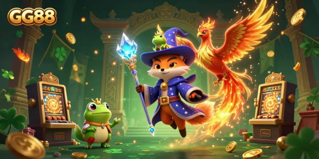 Engage with the mystic GG88 casino world featuring a wizard fox, phoenix, and golden coin elements.