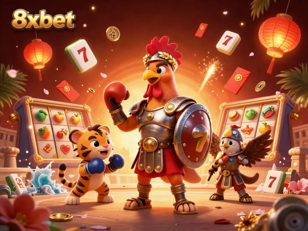Engage with 8xbet's vibrant gaming scene featuring colorful slot reels and dynamic characters.