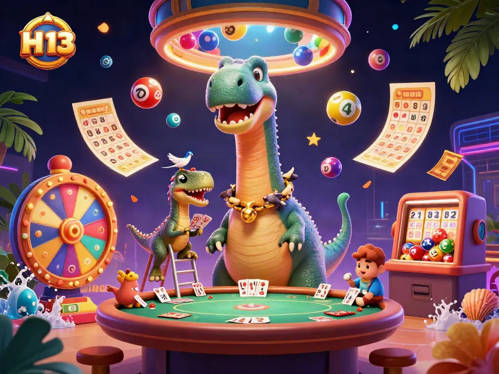 Engage in vibrant action with H 13 as a giant cartoon brontosaurus towers over a lively casino scene.