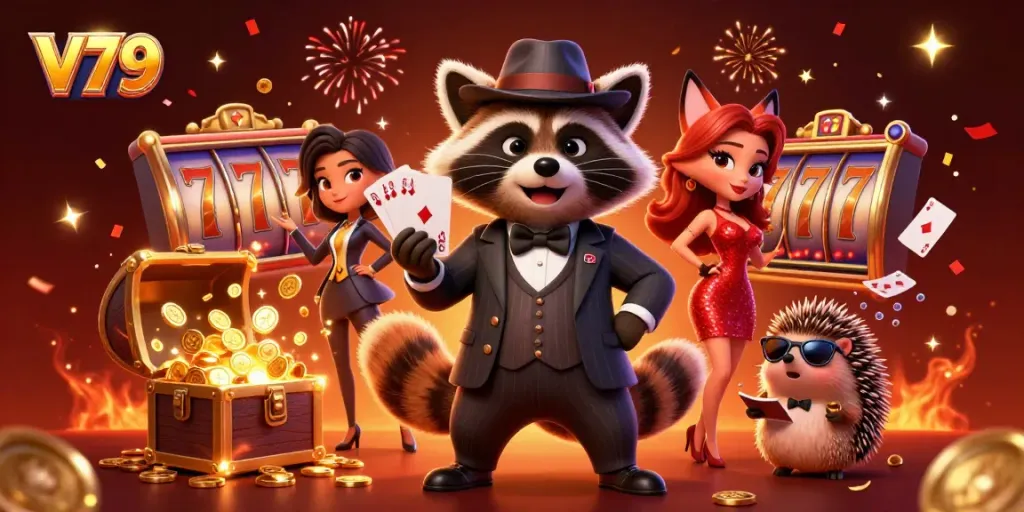Play slots and experience the thrill with V79 in a vibrant casino scene featuring animated characters.