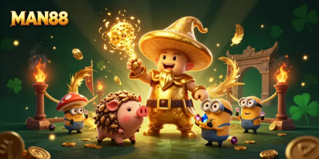 Experience the magical treasure hunt with MAN88's golden mushroom wizard and friends in a dynamic casino scene.