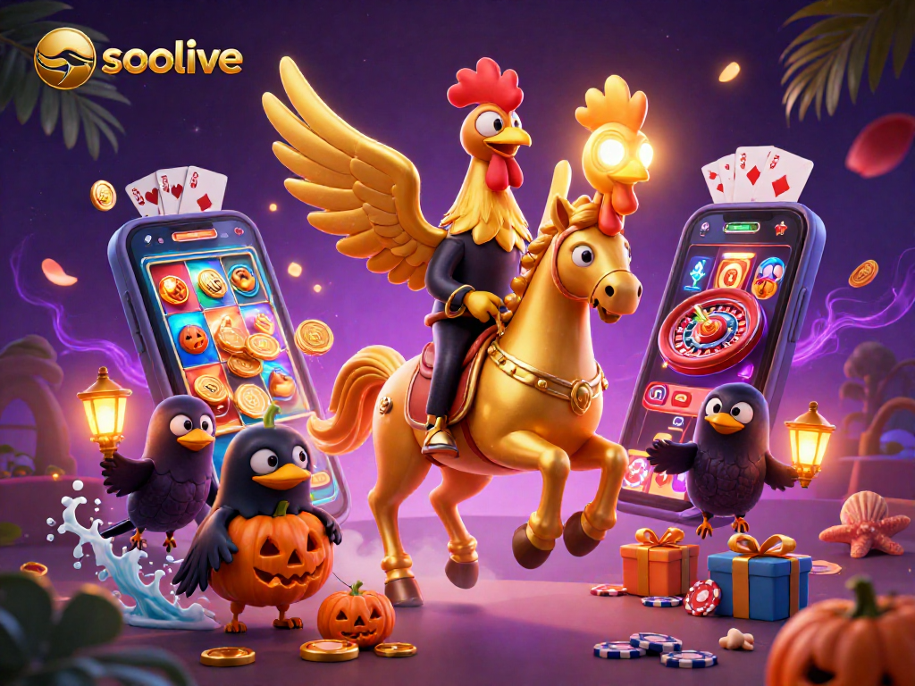 Socolive delivers thrilling action with a golden rooster and spectral horse amidst a buzzing casino atmosphere.