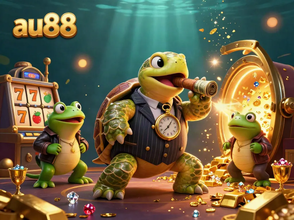 Engage in thrilling moments at au88 with colossal turtle in casino scene, surrounded by riches and lights.