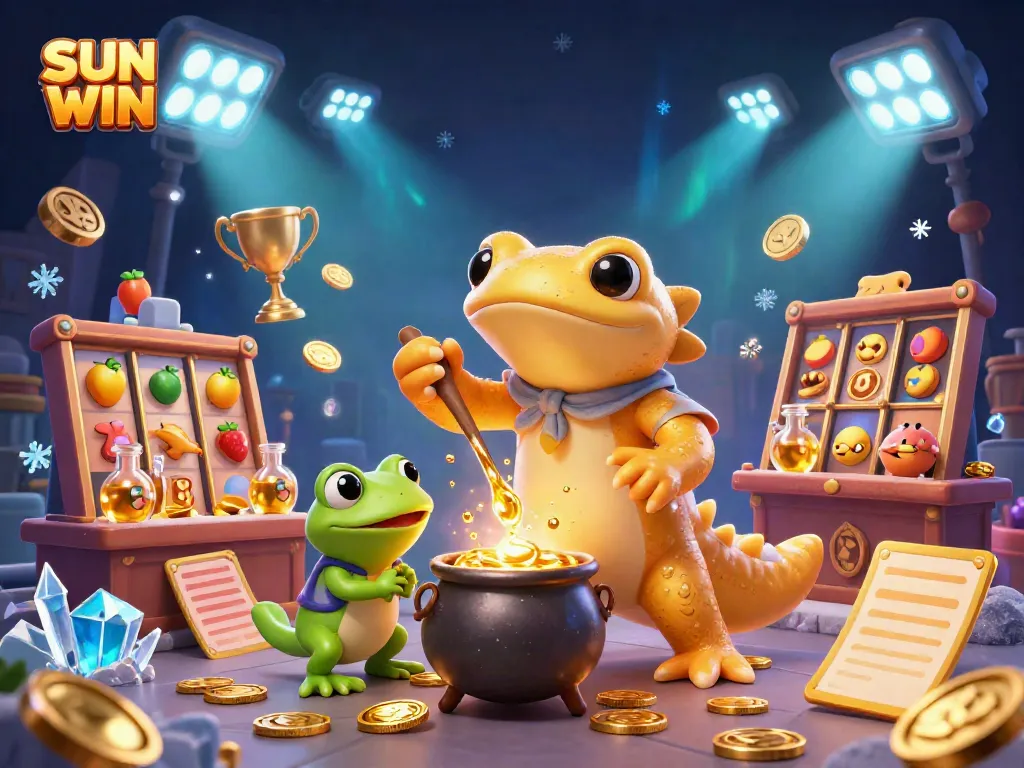 SUN WIN giant salamander alchemist creating gold coins in a bustling casino-themed environment.