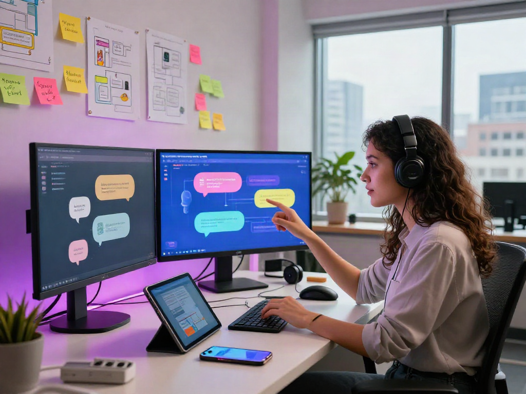 Engaging workspace scene highlighting spicy chat AI interactions with vibrant digital communication tools.