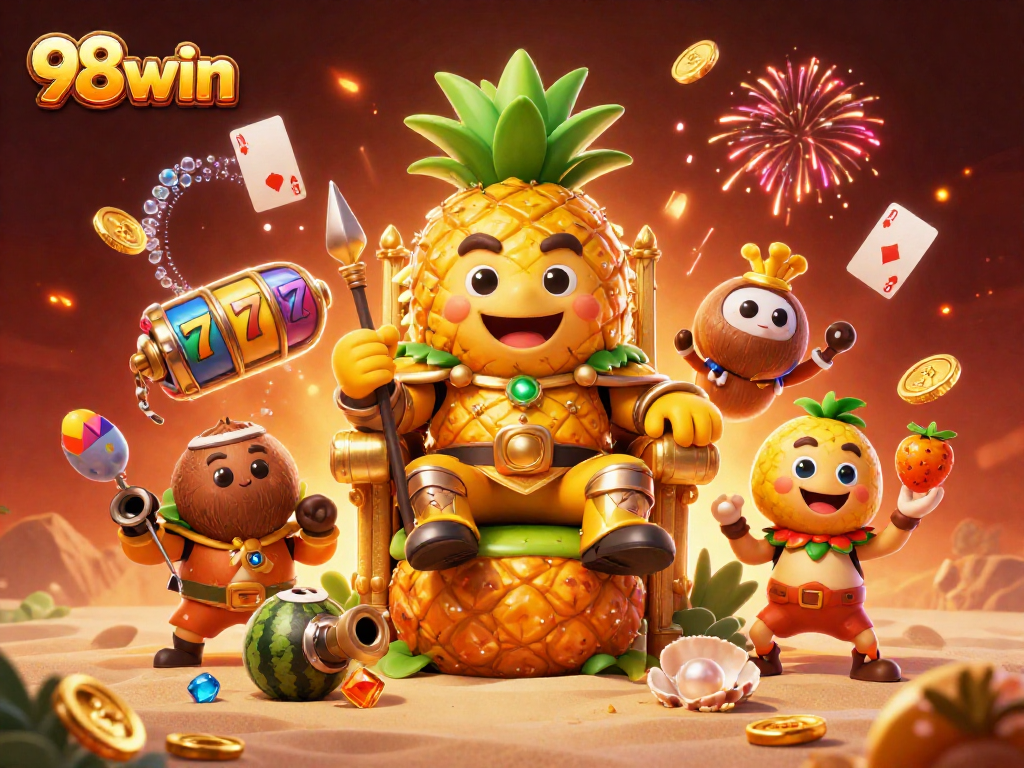 Engage in thrilling gameplay with 98win's dynamic beach casino scene full of vibrant characters and slot elements.