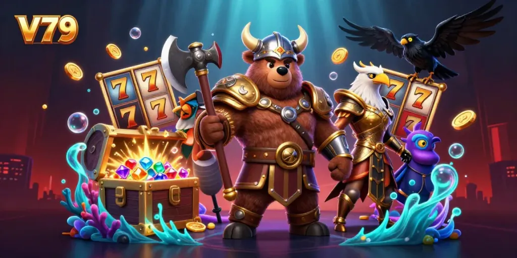 Engage in exciting chances at V79 with vibrant slot reels and dynamic gaming elements.