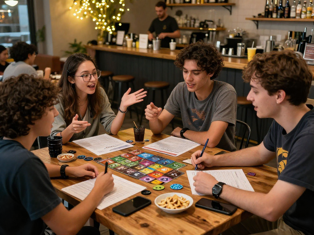 Engaging ai roleplay session among friends in a cozy café filled with gaming elements.