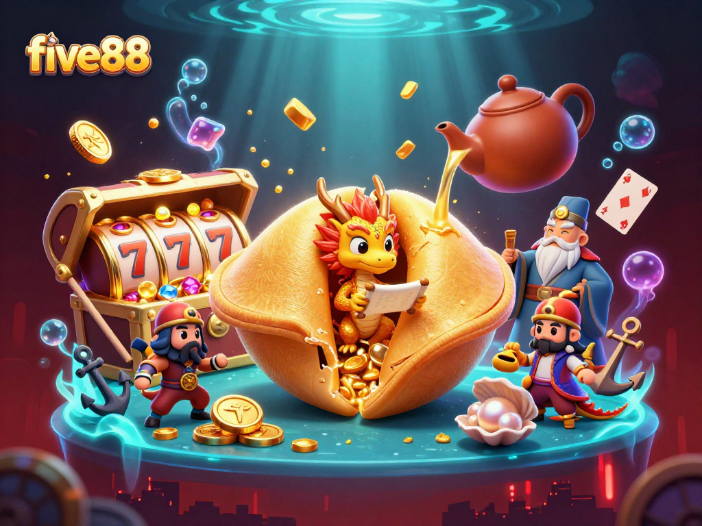 Play exciting games at five88 with a dynamic scene featuring golden fortune cookie characters.