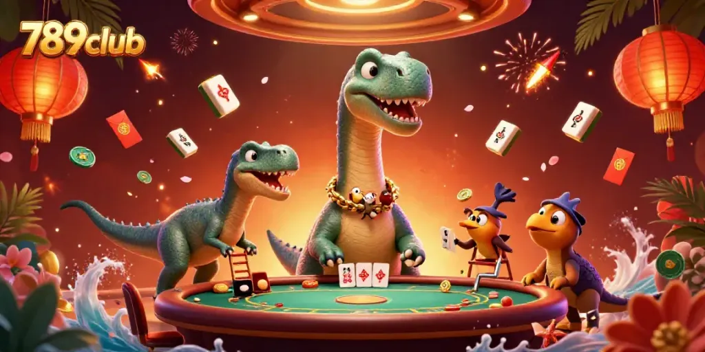 Engage with vibrant 789club casino action featuring a playful brontosaurus and clever raptor in a dynamic gaming scene.