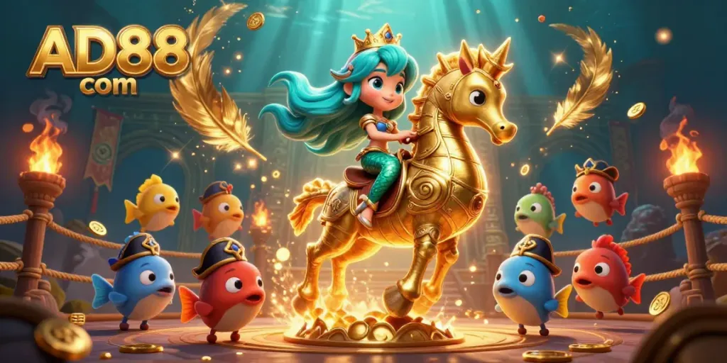 Engage in thrilling gaming at AD88 com with a vibrant underwater casino adventure featuring a mermaid and seahorse.