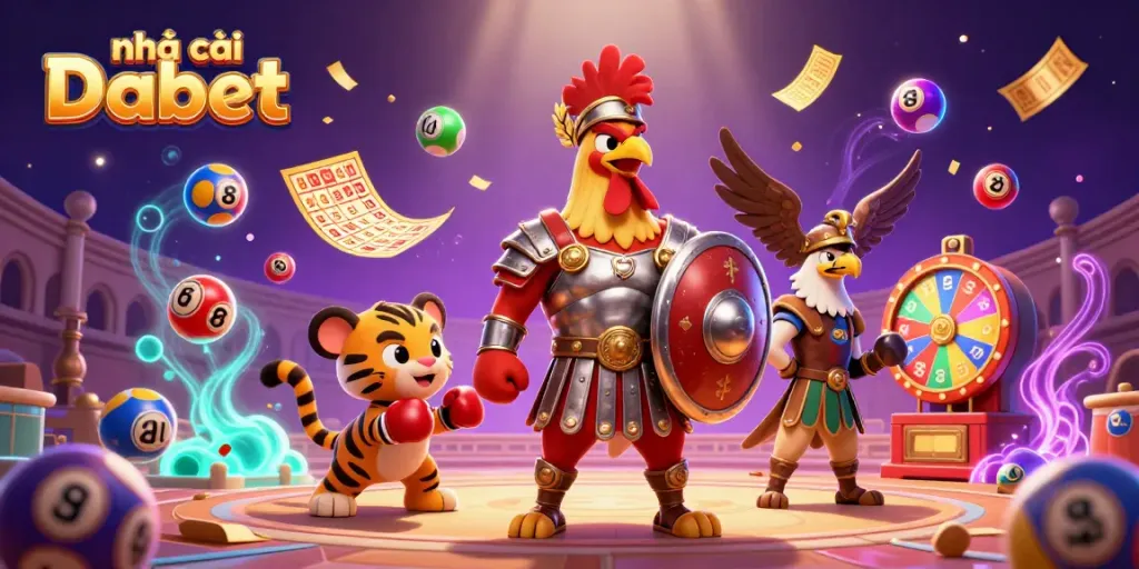 Engage with the nhà cái Dabet in a dynamic gaming arena featuring colorful lottery elements and captivating characters.