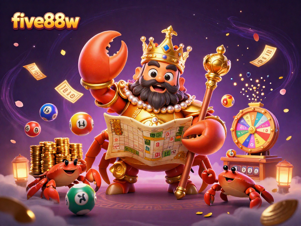 Engage with the vibrant five88w casino scene featuring a golden crab emperor and lottery elements.
