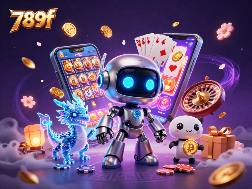 Engage with 789f's vibrant slot game scene featuring a cyberpunk robot, bitcoin drone, and colorful gaming elements.