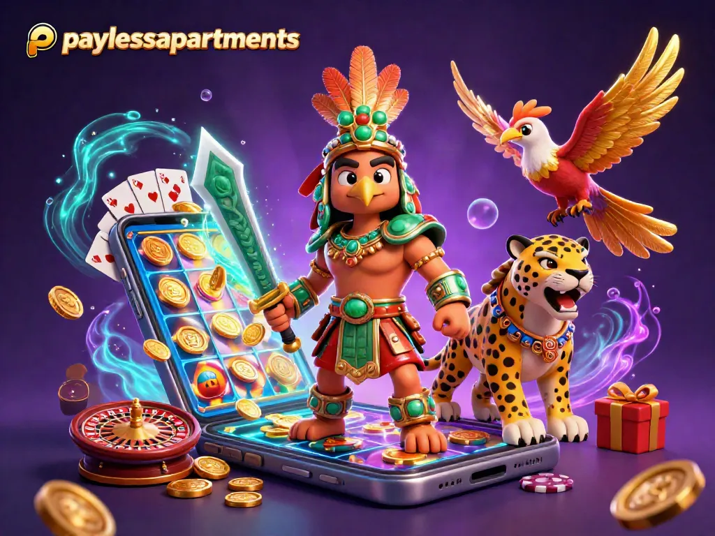 Spin slots and win with paylessapartments in this vibrant casino scene featuring warriors and gaming elements.