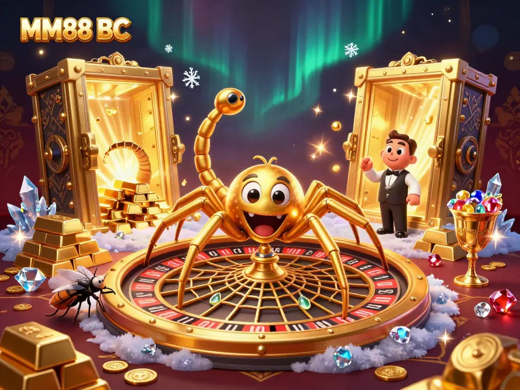 Place bets for exciting wins at MM88 BC, featuring a vibrant casino scene with cartoon characters.
